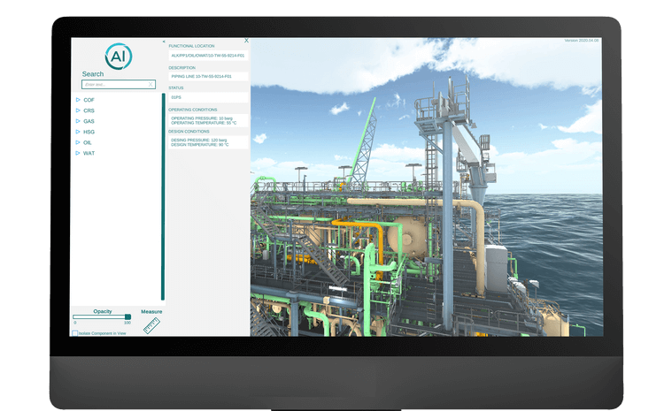 Une représentation de l'interface de l'application d'Holis, avec un jumeau numérique d'une plateforme pétrolière.