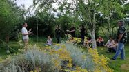 Un groupe d'adhérents du Conservatoire des Légumes Anciens du Béarn discutent dans les jardins de l'association.