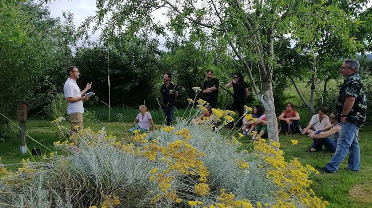 Un groupe d'adhérents du Conservatoire des Légumes Anciens du Béarn discutent dans les jardins de l'association.