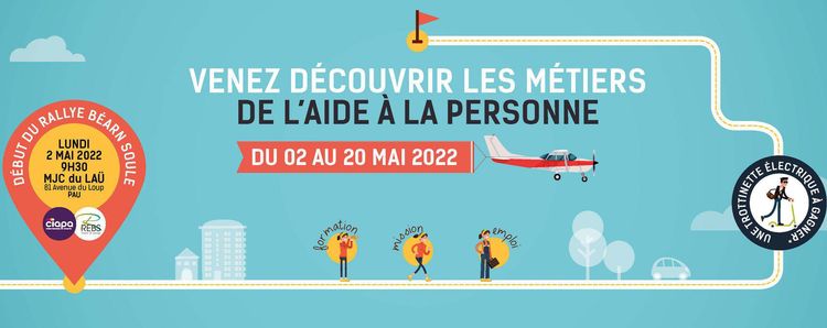 Affiche du Rallye d'Aide à la personne, qui a lieu du 2 au 20 mai 2022 en Béarn et Soule.
