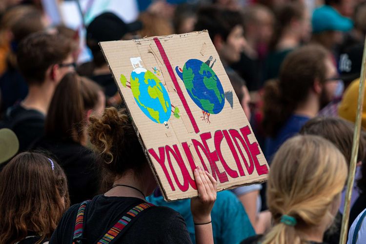 Pancarte de manifestation portée par une militante. On y voit deux planètes, une sans réchauffement climatique, une autre avec les effets du réchauffement climatique