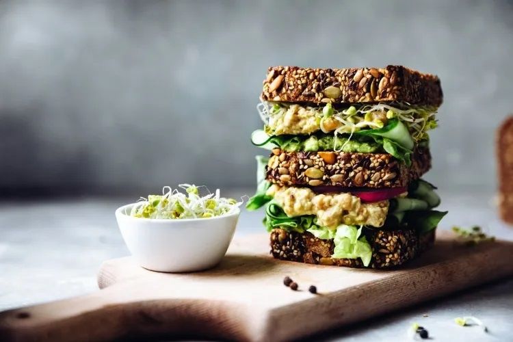 Sandwich healthy fait avec du pain de mie aux graines accompagné de pousses diverses