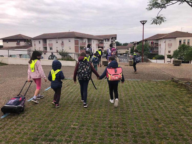 A Tarnos, des enfants sur le chemin de l'école, dans le cadre du dispositif Car à pattes, initié par l'association Terre buissonnière.