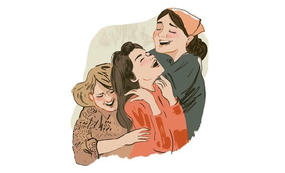 Trois filles se prennent dans les bras sur un dessin de Mayana Itoiz.