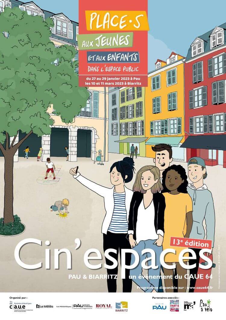 L'affiche du festival Cin'espaces 2023 à Pau et Biarritz, qui a pour thème Place-s aus jeunes et aux enfants dans l'espace public.