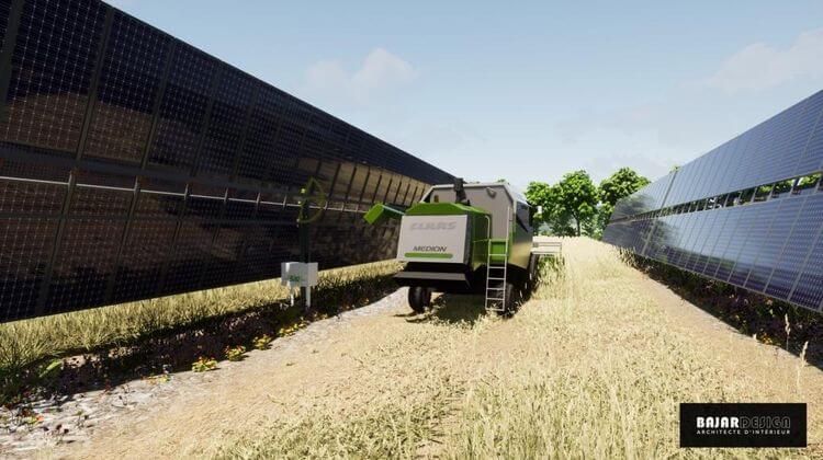 un engin agricole entouré de panneaux photovoltaïques dans un champ de blé