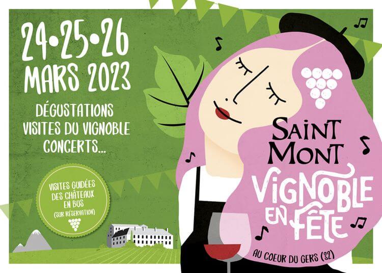 L'affiche de Saint-Mont Vignoble en fête 2023 représentant une femme avec un béret, des raisins dans les cheveux, la cave de Plaimont et les Pyrénées dans le fond
