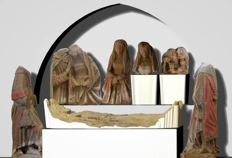Une mise en scène de l'ensemble des sept pièces réunies autour du Christ gisant