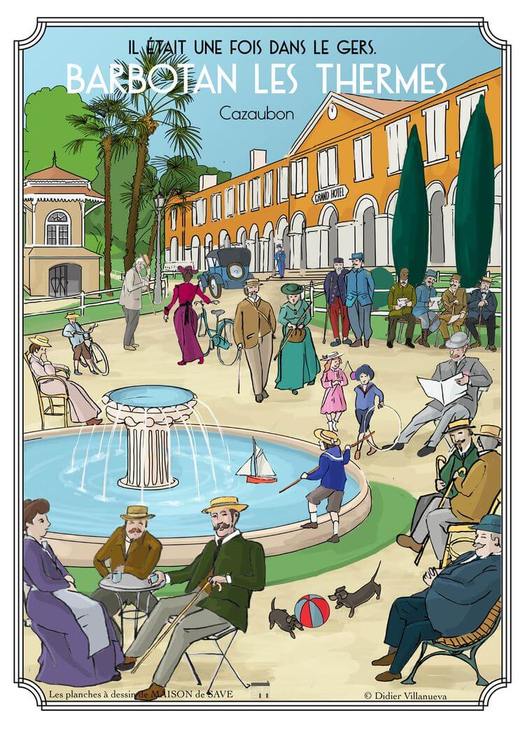 Le parc et bassin de Barbotan-les-Thermes avec personnages du 19e siècle se promenant