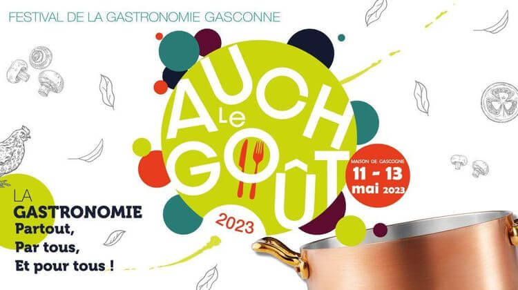 L'affiche de l'édition 2023 Auch le Goût avec une grande casserole en cuivre, des dessins de poules, champignons, feuilles...