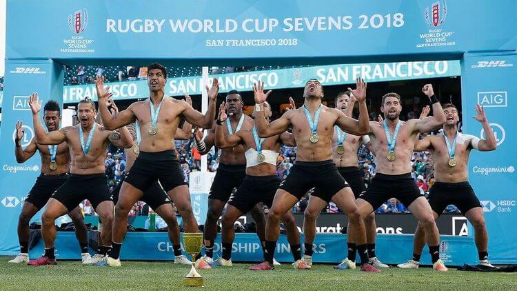 L'équipe de rugby à 7 masculine lors des championnats du monde 2018.