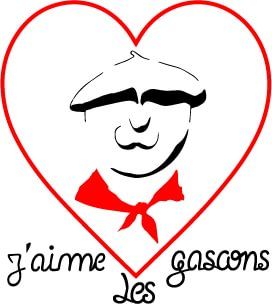 Le logo pour les tee-shirts femmes avec un coeur autour du visage et la phrase "J'aime les Gascons"