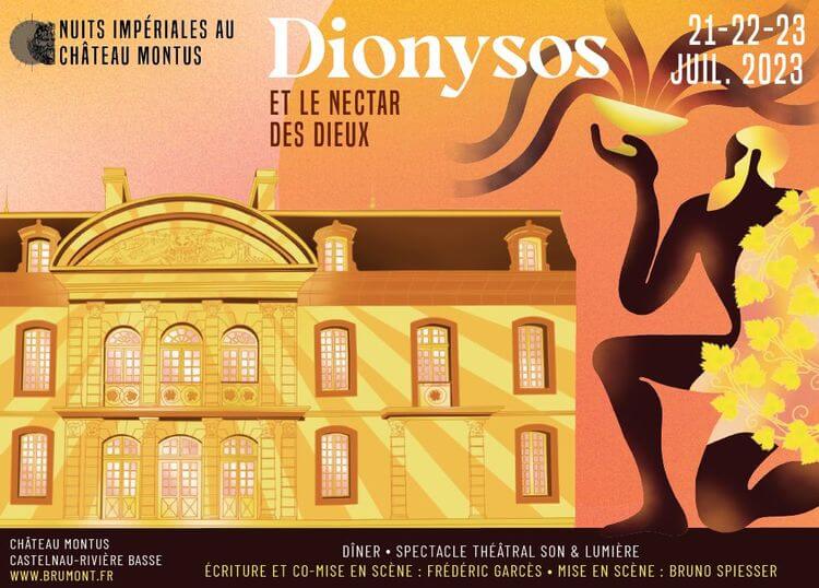 L'affiche des Soirées Impériales représentant la façade de Château Montus et Dionysos à genoux portant une coupe de vin