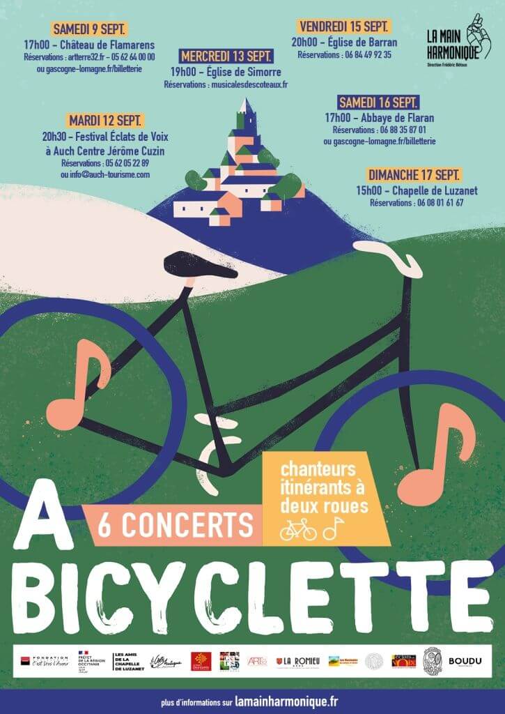 L'affiche présentant le parcours à bicyclette et les dates des concerts, avec un vélo dessiné et des notes de musique sur ses roues