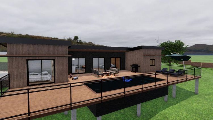 Une maison modulaire tout en bois avec grande terrasse et piscine