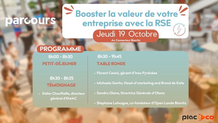 Affiche de programmation de l'événement autour du dispositif Parcours RSE déployé par le Connecteur, qui aura lieu le 19 octobre à Biarritz.
