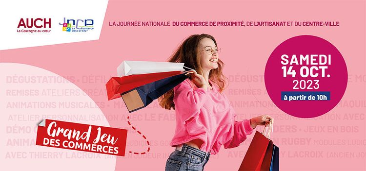L'affiche de la journée avec une jeune femme vêtue d'un pull rose portant des poches de choses achetées chez les commerçants locaux