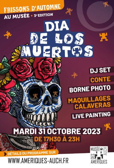 L'affiche annonçant Dia de los Muertos, avec un squelette de crâne couvert de fleurs