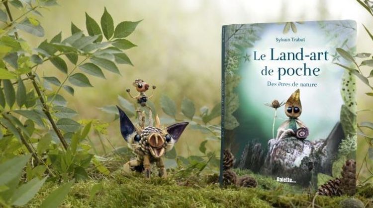 Une vue du livre Le Land-art de poche posé dans la nature avec des créations de Sylvain Trabut à côté