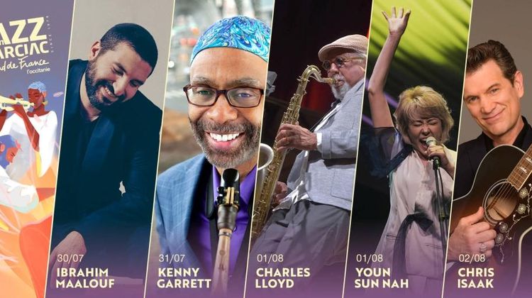 Bandeau de présentation des artistes Ibrahim Maalouf, Kenny Garrett, Charles Lloyd, Youn Sun Nah et Chris Isaak