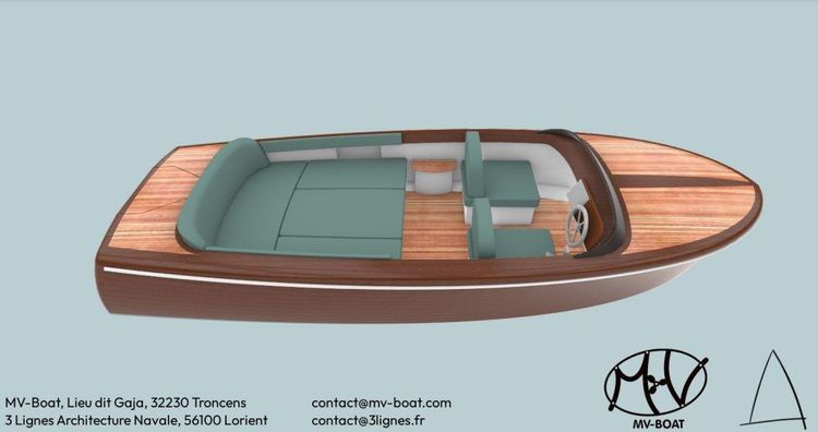 Le dessin du bateau à moteur qui va être fabriqué dans le Gers, avec deux places avant et bain de soleil à l'arrière