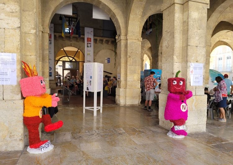 L'entrée du Village des Chnops, sous la halle de Fleurance, avec des mascottes représentant les divers éléments chimiques du corps humain