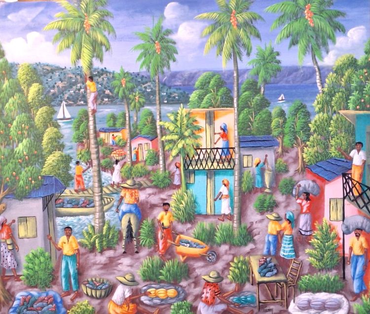 Une peinture très colorée représentant un village haïtien avec de multiples personnages