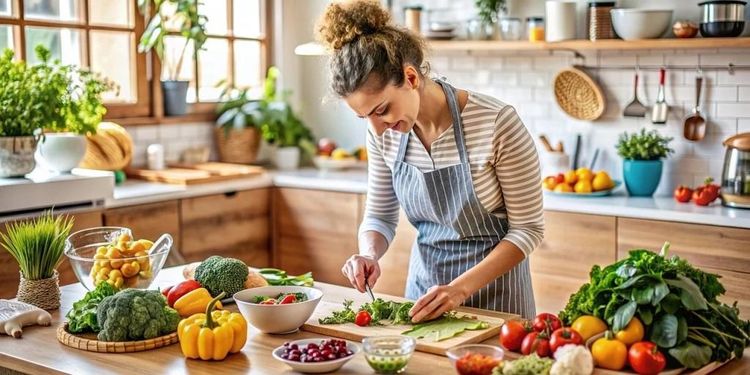 Une femme en train de cuisiner au milieu de fruits et légumes