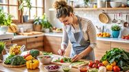 Une femme en train de cuisiner au milieu de fruits et légumes