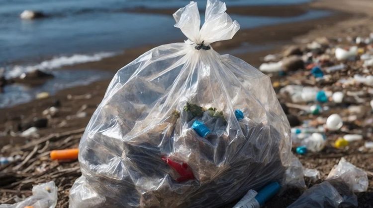 Un sac poubelle rempli de détritus sur une plage envahie de plastiques