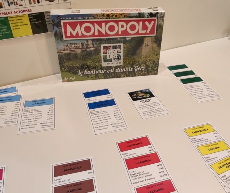 La boîte du Monopoly Gers avec des cartes proposant des acquisitions dans divers villages