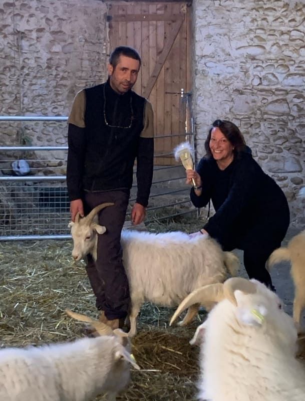 Charlotte Campos et son mari avec leurs chèvres cachemire, à Lucq-de-Béarn.