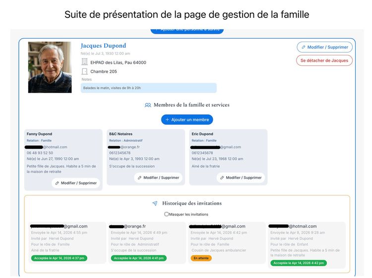 L'interface de la solution digitale centralisée Noé Famille, dédiée aux aidants.